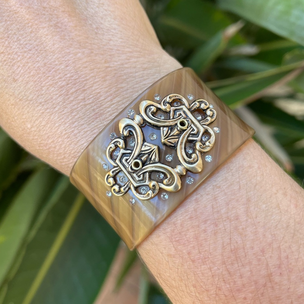 Cellulose acetate brass diamanté crystal wide open cuff bracelet - Picture 3 of 9